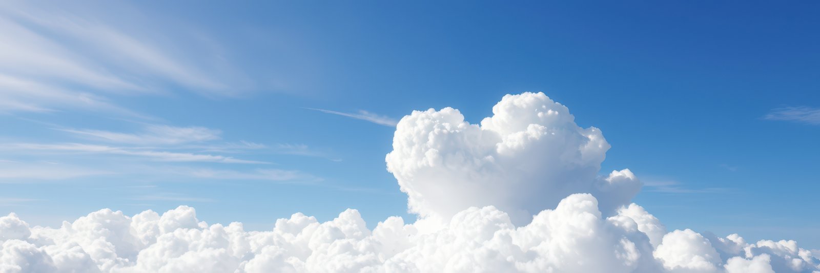 Large, bright white cumulus clouds fill a portion of the frame, contrasting with a clear, deep blue sky